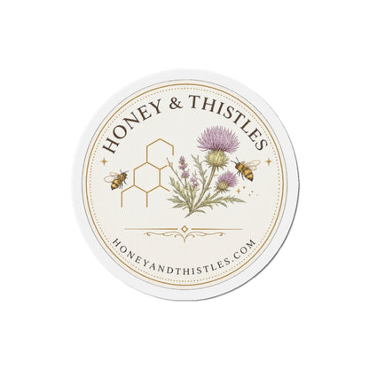 Honey & Thistles Round Die-Cut Magnet – Floral Bee Logo Refrigerator Magnet