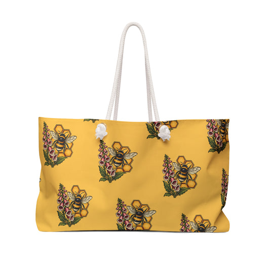 Bee Floral Weekender Bag - Yellow Honeycomb Tote for Spring & Summer Getaways