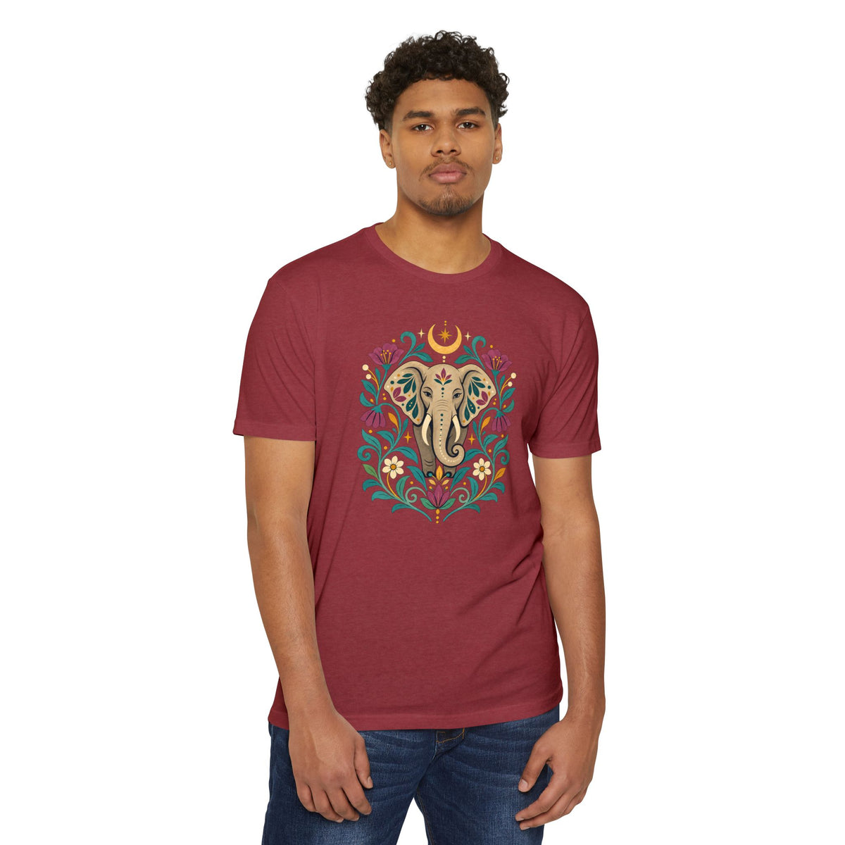 T-Shirt, Short Sleeve Boxy Crew Neck - Boho Indian-Inspired Elephant Floral