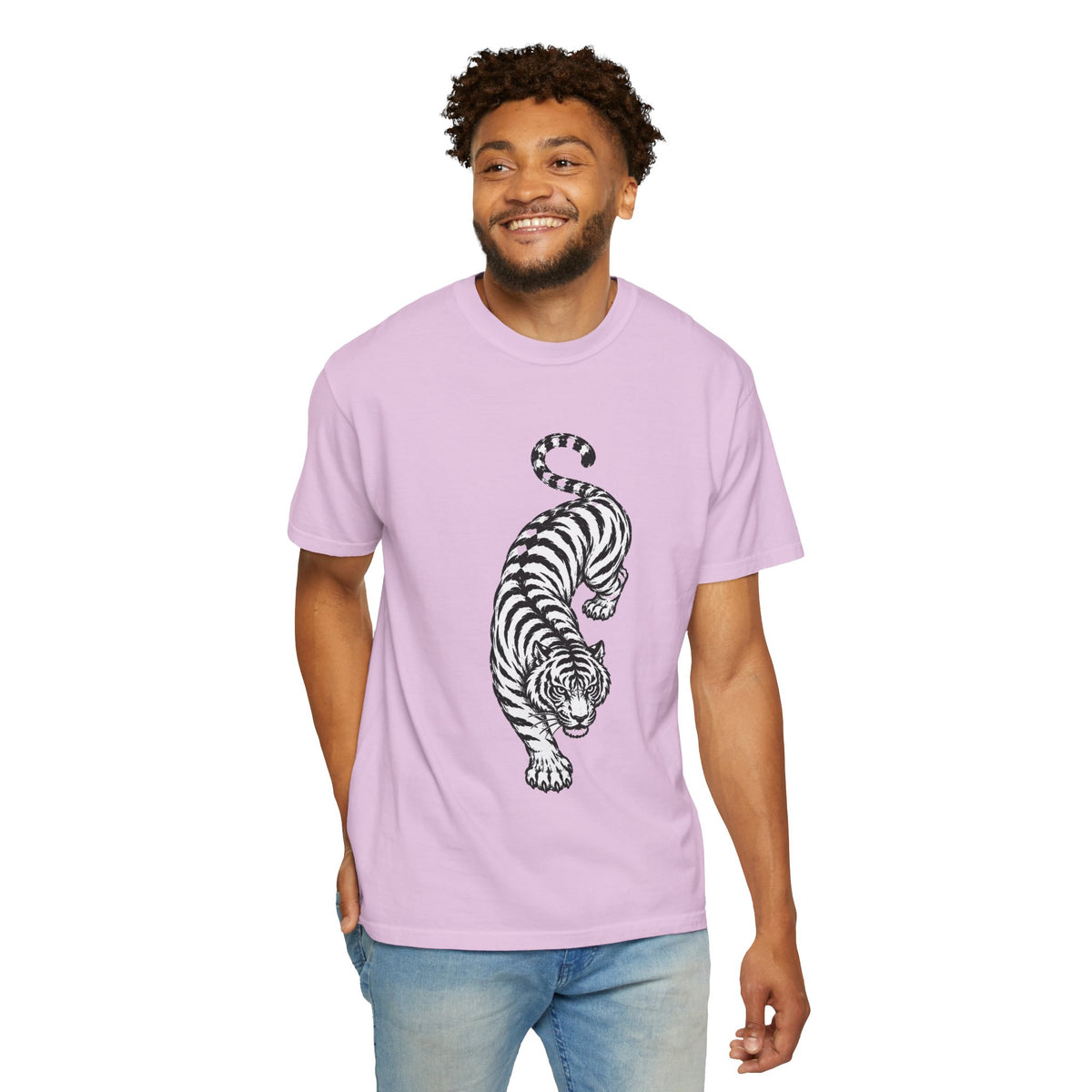 T-Shirt, Short Sleeve Boxy Crew Neck - Black & White Tiger