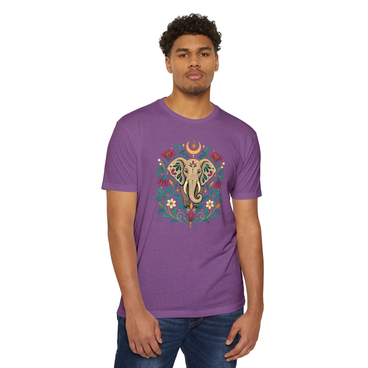 T-Shirt, Short Sleeve Boxy Crew Neck - Boho Indian-Inspired Elephant Floral