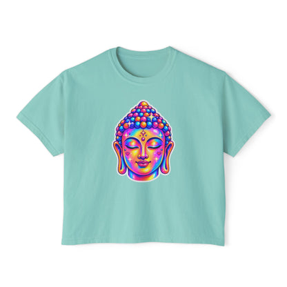 T-Shirt, Short Sleeve Boxy Crew Neck Cropped - 1980s Buddha Head