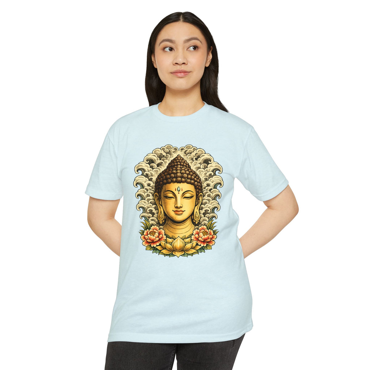 T-Shirt, Short Sleeve Boxy Crew Neck - Buddha Head Floral