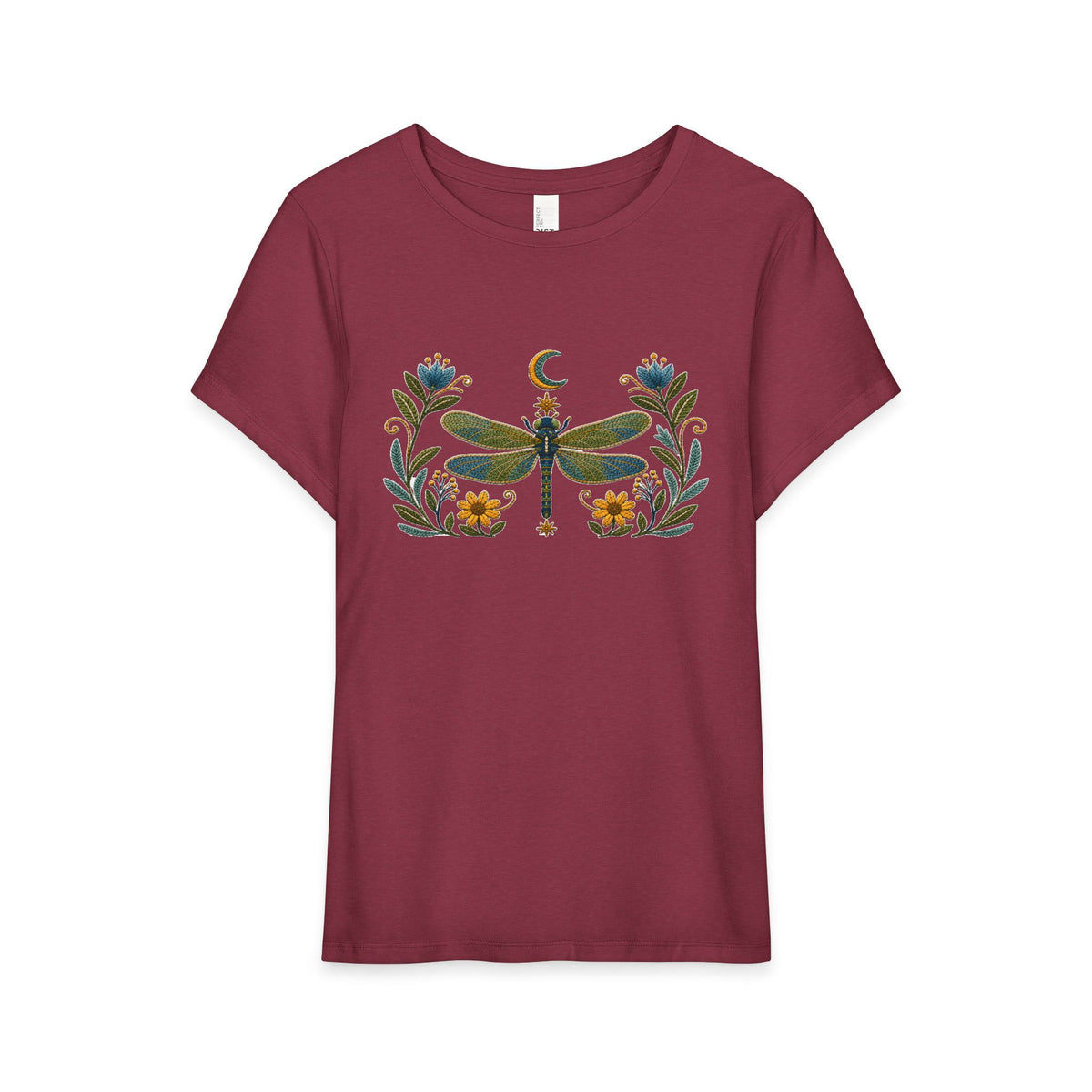 T-Shirt, Short Sleeve Wide Neck Relaxed Fit - Floral Dragonfly & Moon