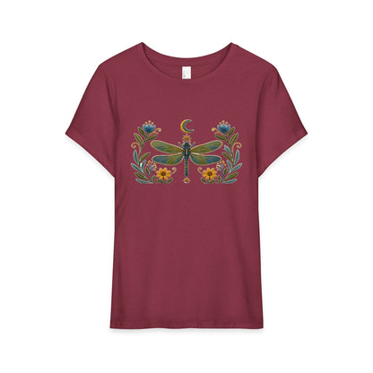 T-Shirt, Short Sleeve Wide Neck Relaxed Fit - Floral Dragonfly & Moon
