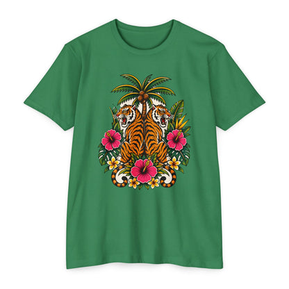 T-Shirt, Short Sleeve Boxy Crew Neck - Tiger Tiger Tropics Vintage Floral Palm