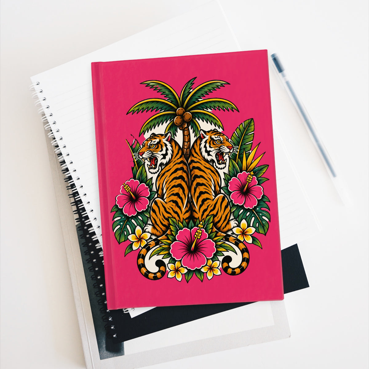 Journal Notebook, Hardback Blank - Tropical Tiger (dark pink)