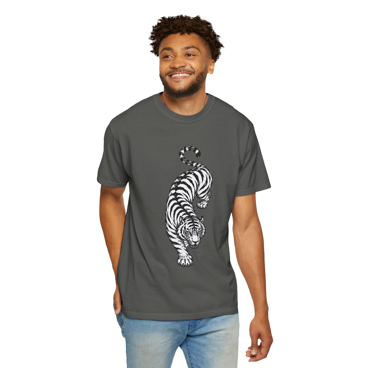 T-Shirt, Short Sleeve Boxy Crew Neck - Black & White Tiger