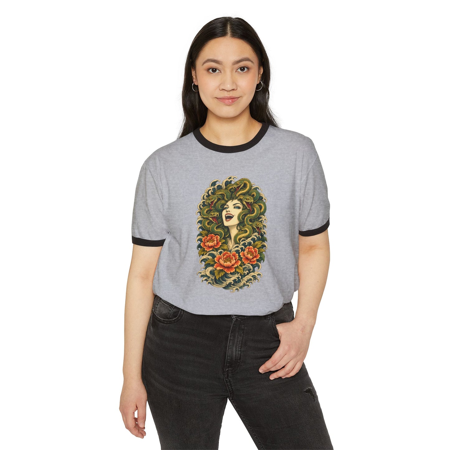 Medusa Having a Chuckle Ringer T-Shirt