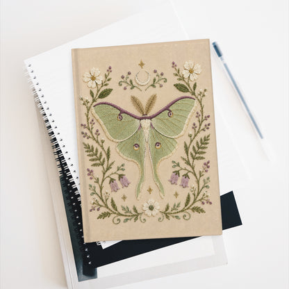 Journal Notebook, Hardcover Blank - Embrordery look Luna Moth Floral