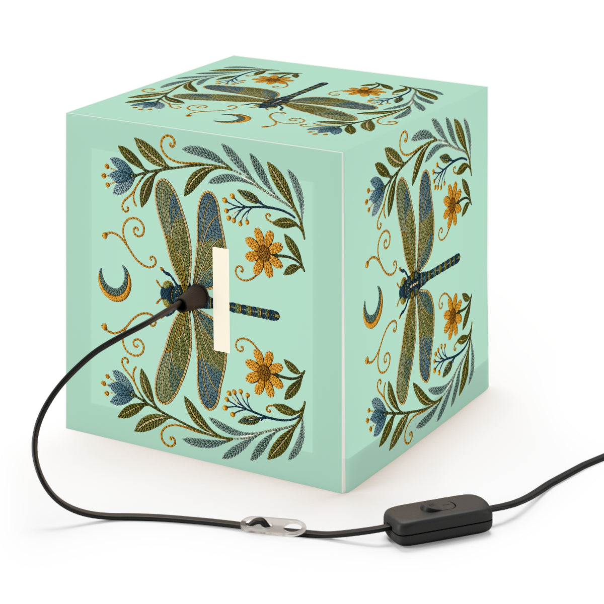 Cube Lamp, Decorative - Floral Dragonfly & Moon (light blue)