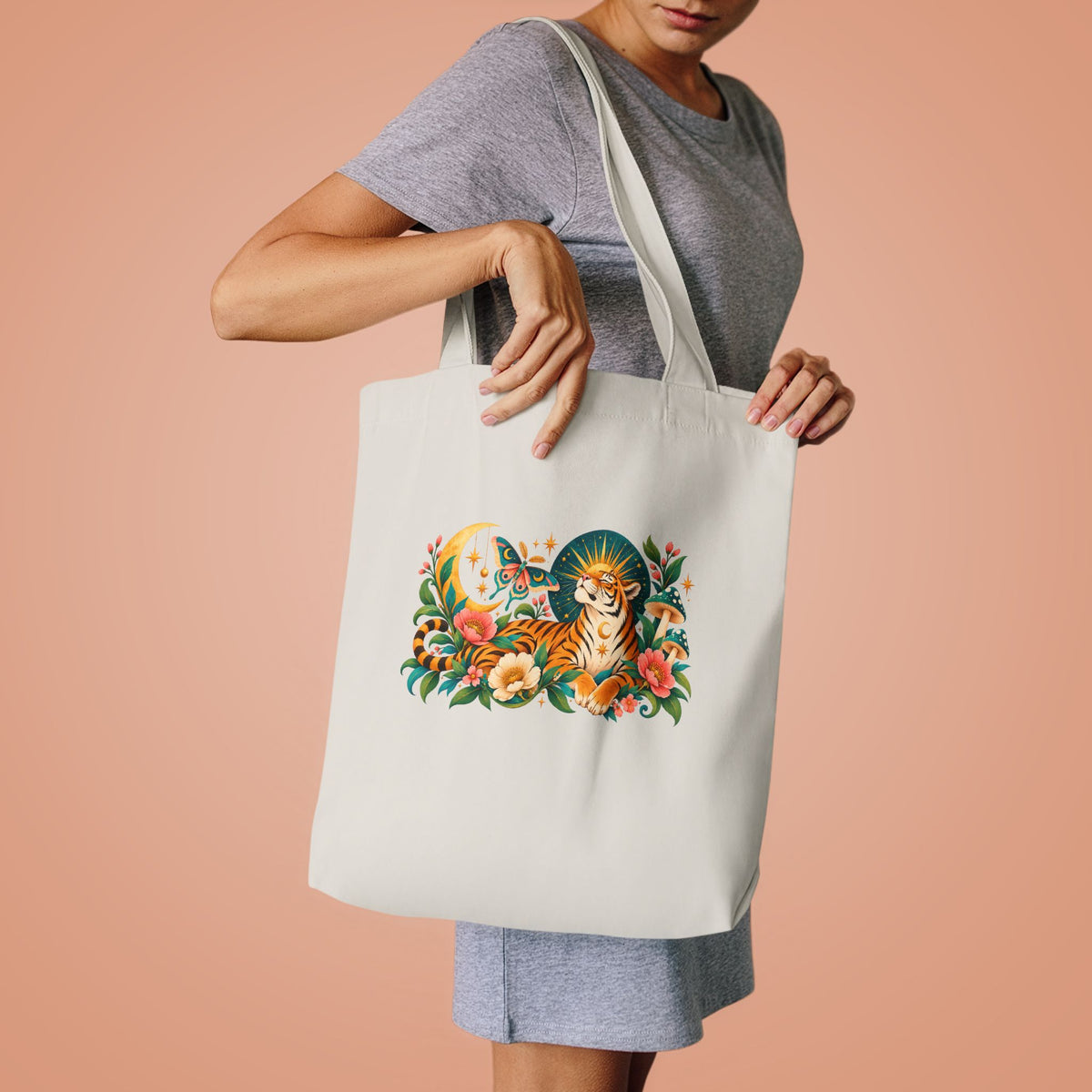 Tote, Large Canvas Bag - Tiger & Moon