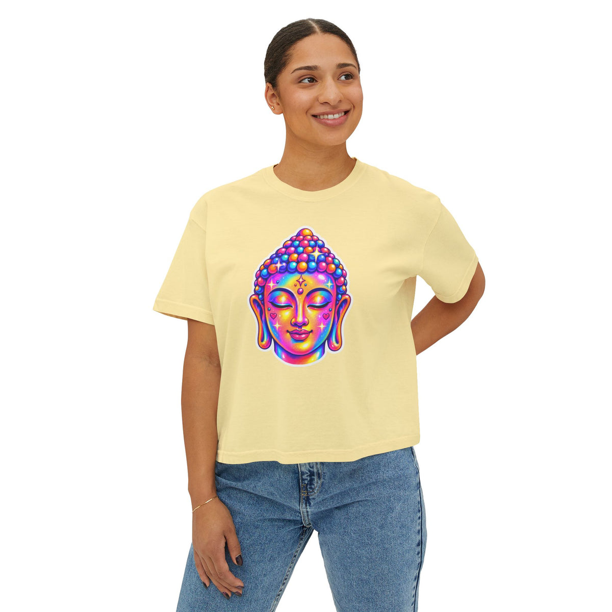 T-Shirt, Short Sleeve Boxy Crew Neck Cropped - 1980s Buddha Head