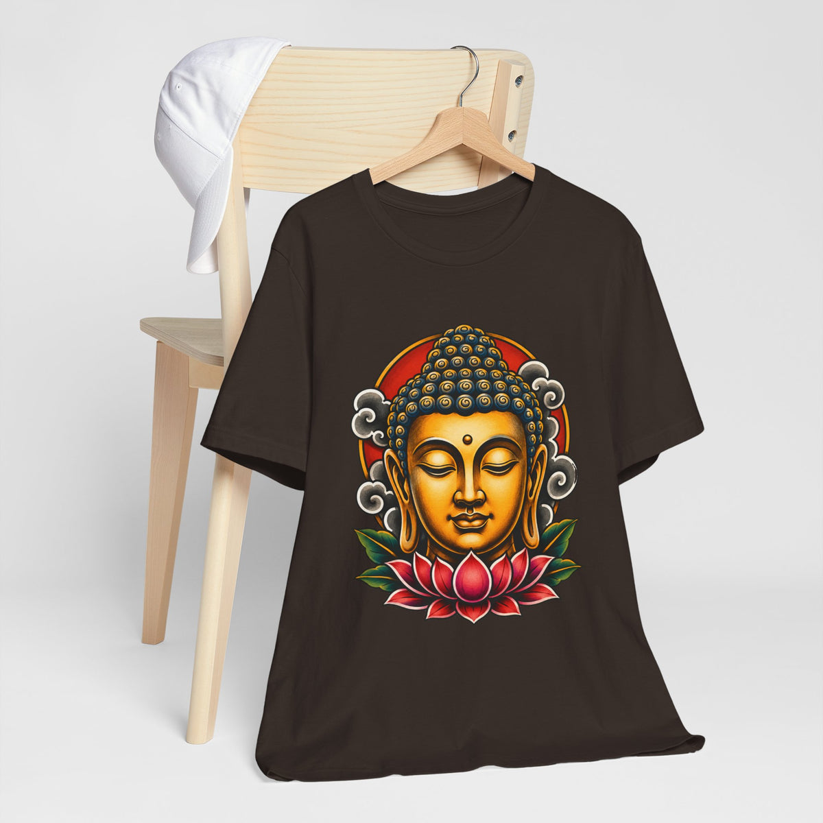 T‑Shirt, Short Sleeve Boxy Crew Neck - Golden Buddha Head with Lotus