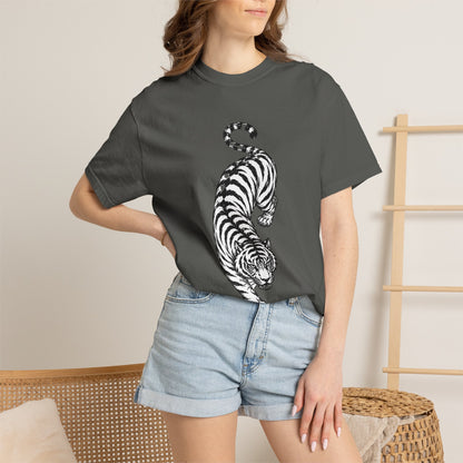 T-Shirt, Short Sleeve Boxy Crew Neck - Black & White Tiger