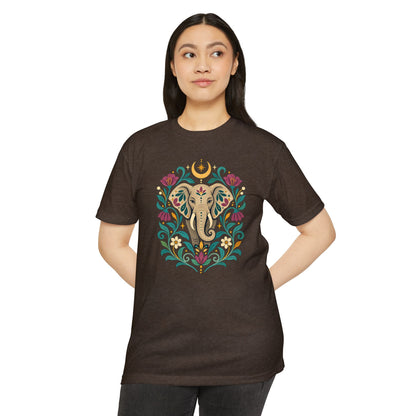 T-Shirt, Short Sleeve Boxy Crew Neck - Boho Indian-Inspired Elephant Floral