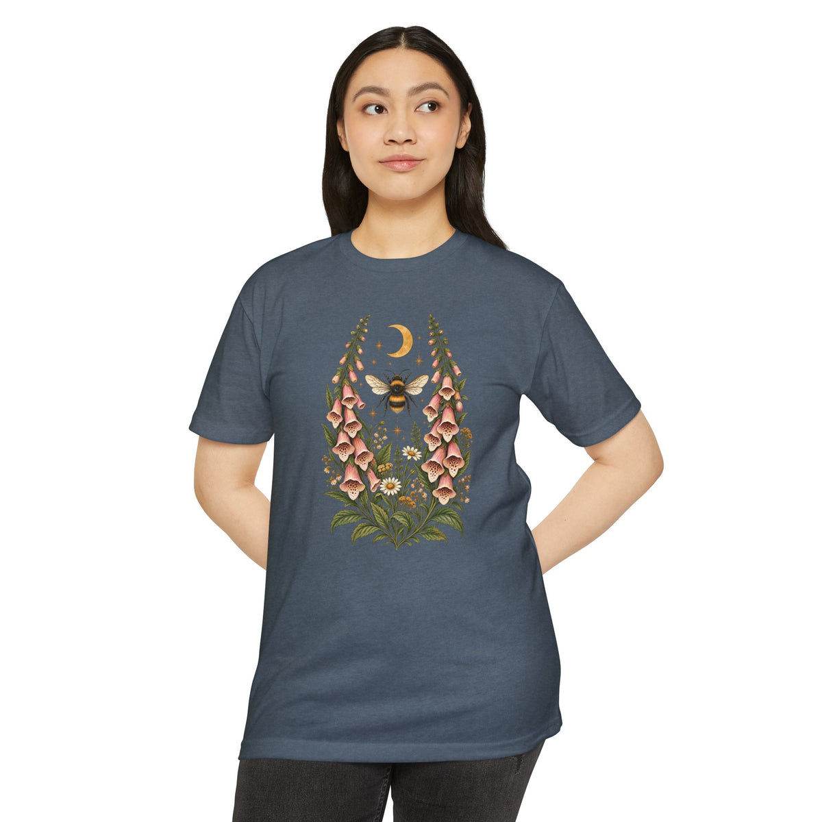 T-Shirt, Short Sleeve Boxy Crew Neck - Bee & Foxglove Vintage Floral Moon