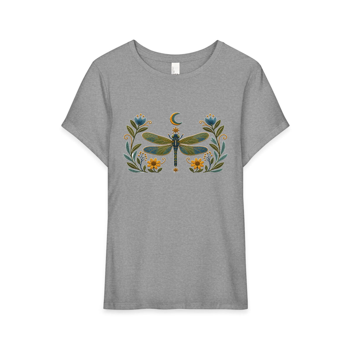 T-Shirt, Short Sleeve Wide Neck Relaxed Fit - Floral Dragonfly & Moon