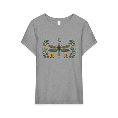 T-Shirt, Short Sleeve Wide Neck Relaxed Fit - Floral Dragonfly & Moon
