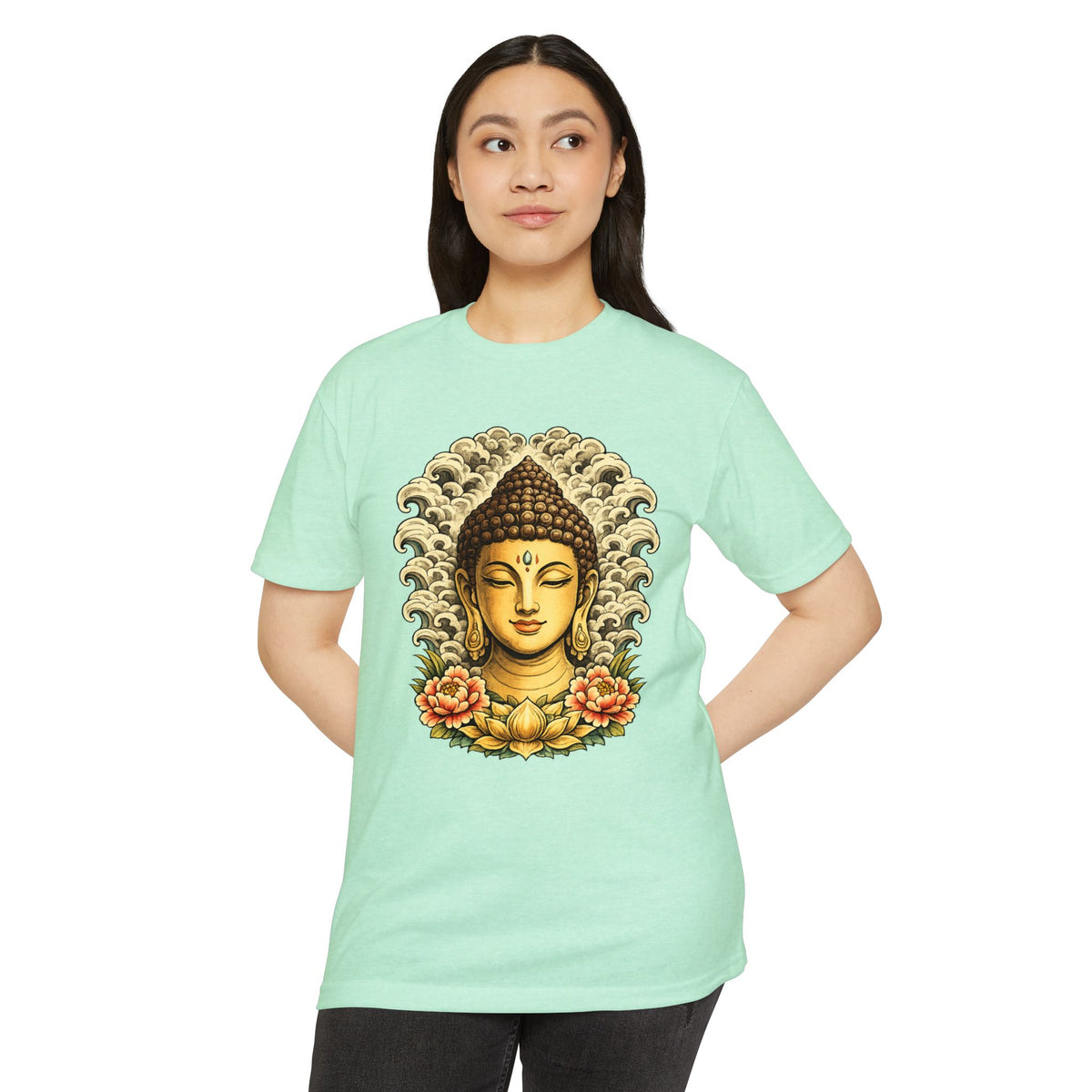 T-Shirt, Short Sleeve Boxy Crew Neck - Buddha Head Floral