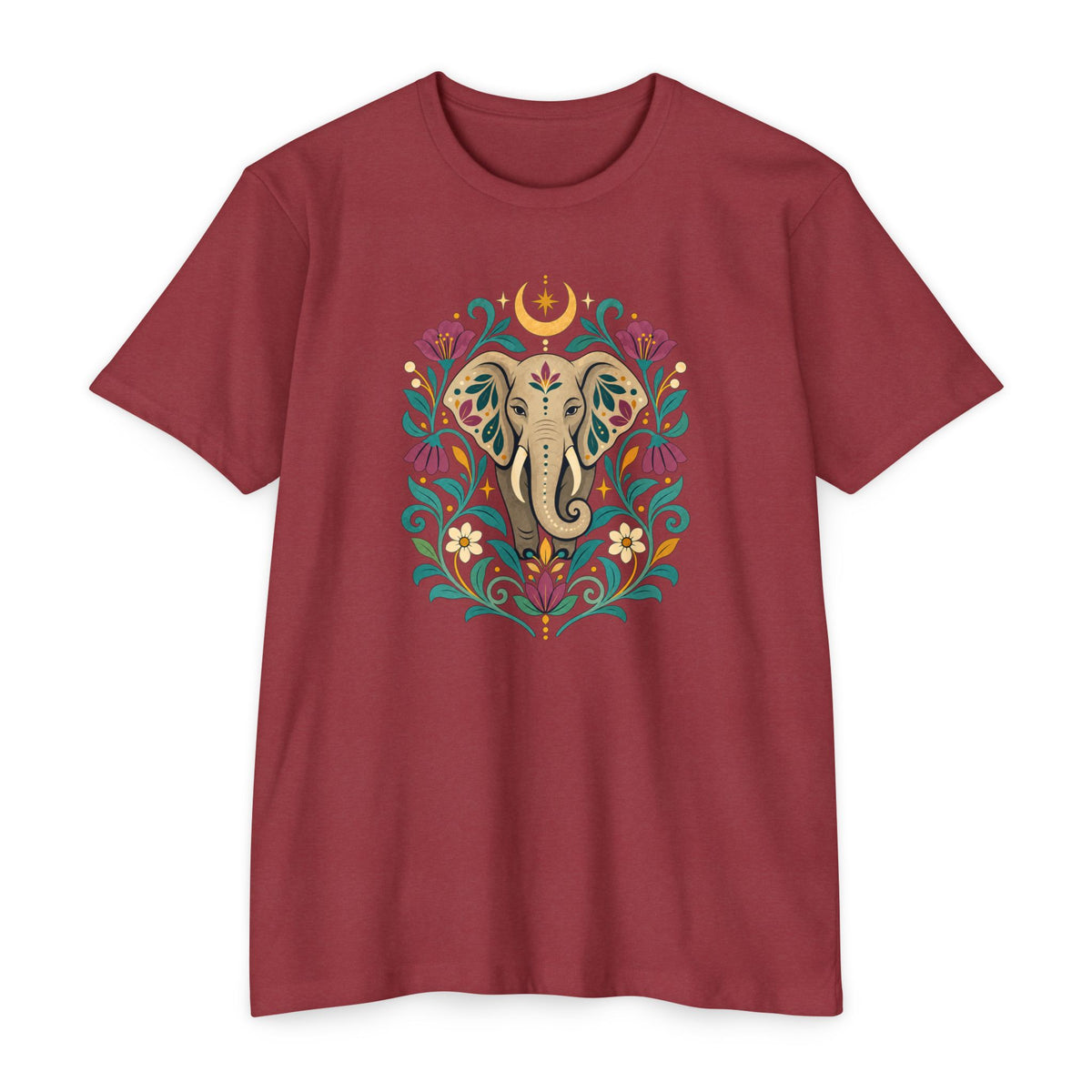 T-Shirt, Short Sleeve Boxy Crew Neck - Boho Indian-Inspired Elephant Floral
