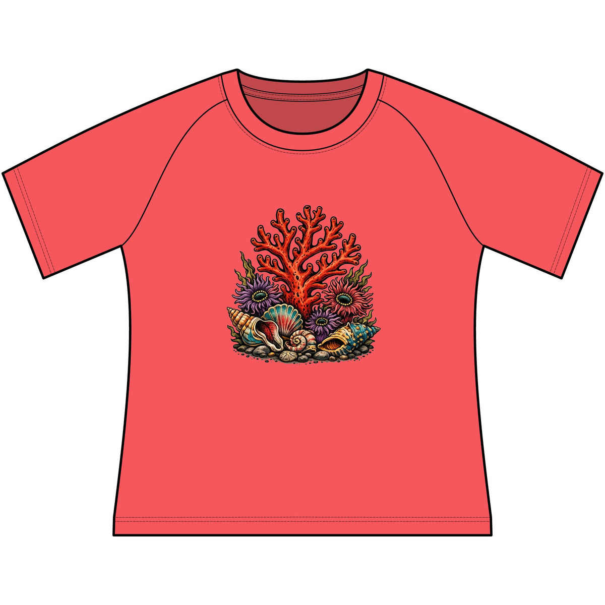 T-Shirt, Short Sleeve Boxy Crew Neck Cropped - Coral Reef