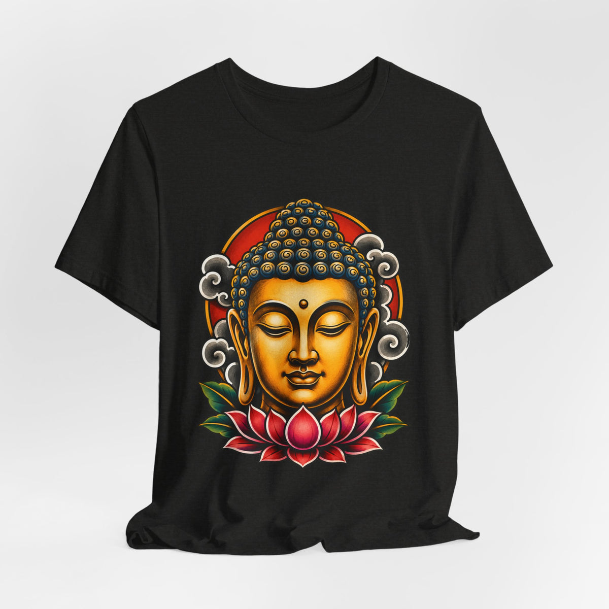 T‑Shirt, Short Sleeve Boxy Crew Neck - Golden Buddha Head with Lotus
