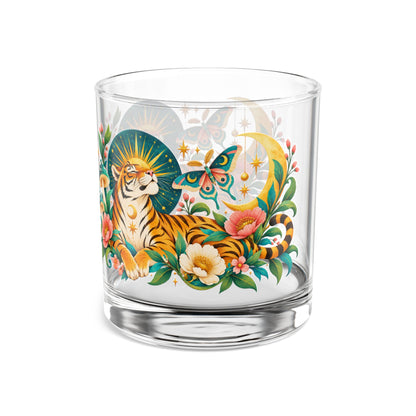 Glass, Rocks Glass Whiskey Tumbler 10oz - Tiger Moon Floral Celestial