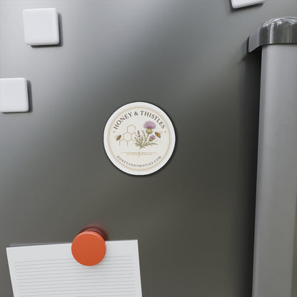 Honey & Thistles Round Die-Cut Magnet – Floral Bee Logo Refrigerator Magnet