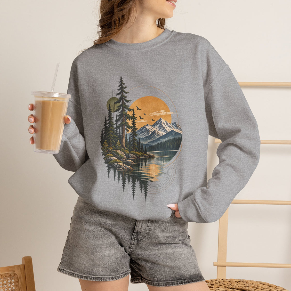 Sweatshirt, Crew Neck - Mountain Lake Sunset