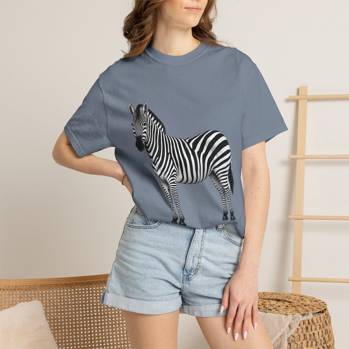 T-Shirt, Short Sleeve Boxy Crew Neck - Zebra Side View Standing