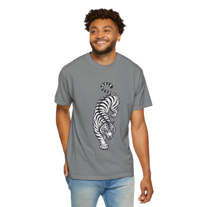 T-Shirt, Short Sleeve Boxy Crew Neck - Black & White Tiger