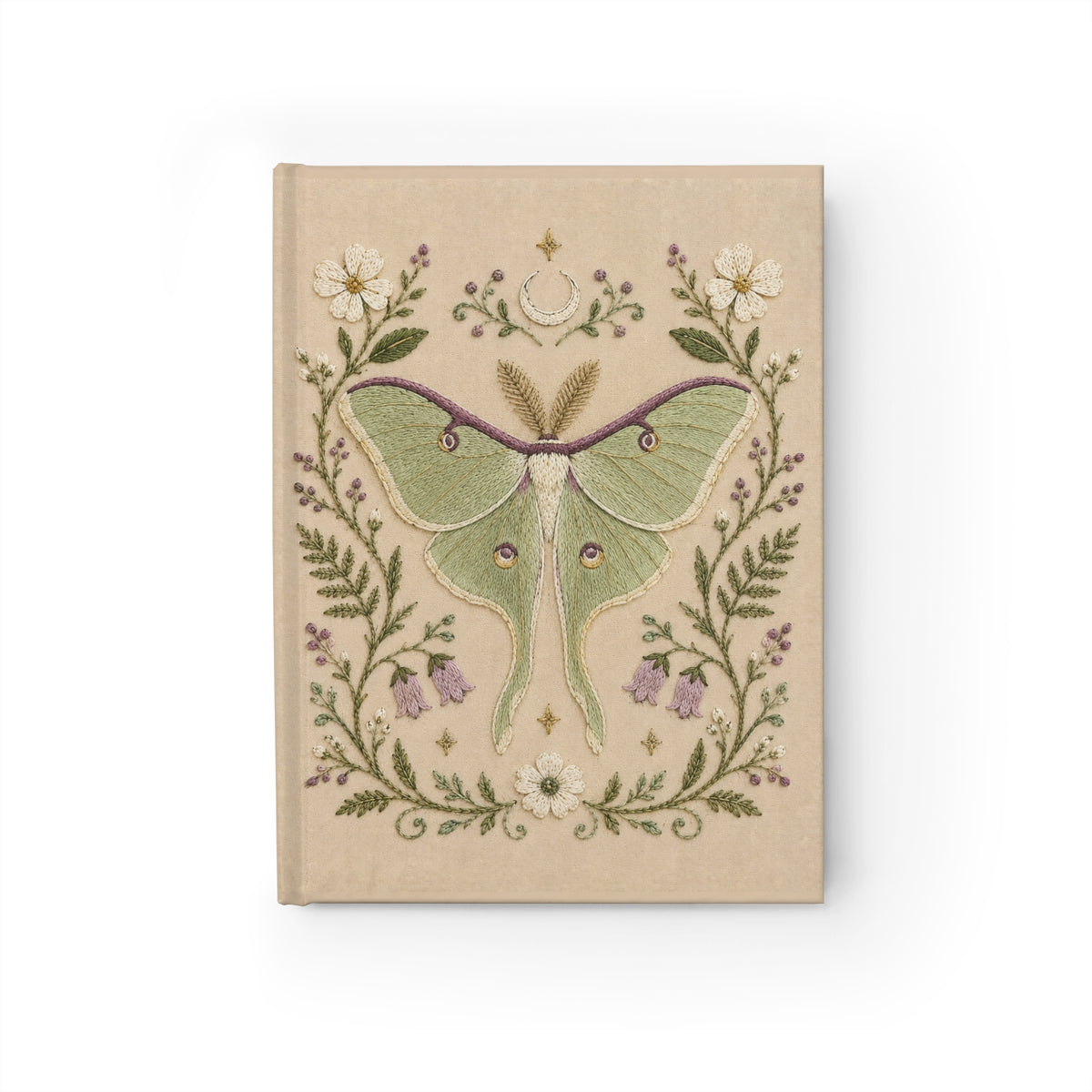 Journal Notebook, Hardcover Blank - Embrordery look Luna Moth Floral