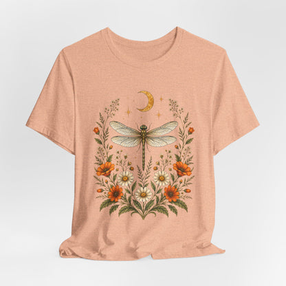 T-Shirt, Short Sleeve Boxy Crew Neck - Boho Dragonfly Moon