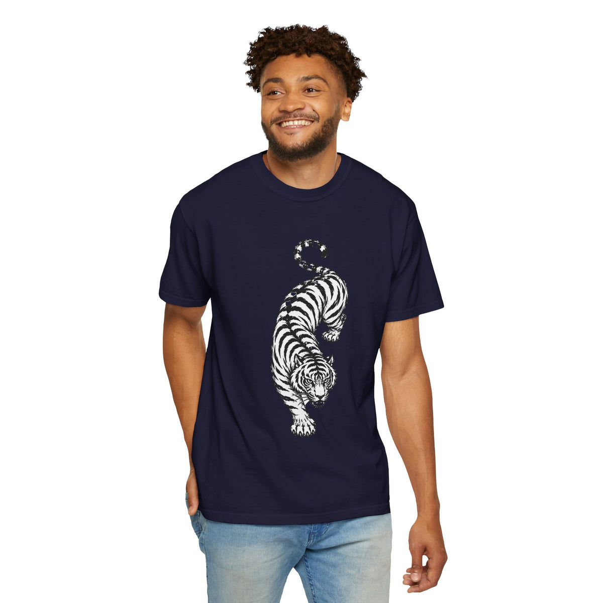 T-Shirt, Short Sleeve Boxy Crew Neck - Black & White Tiger