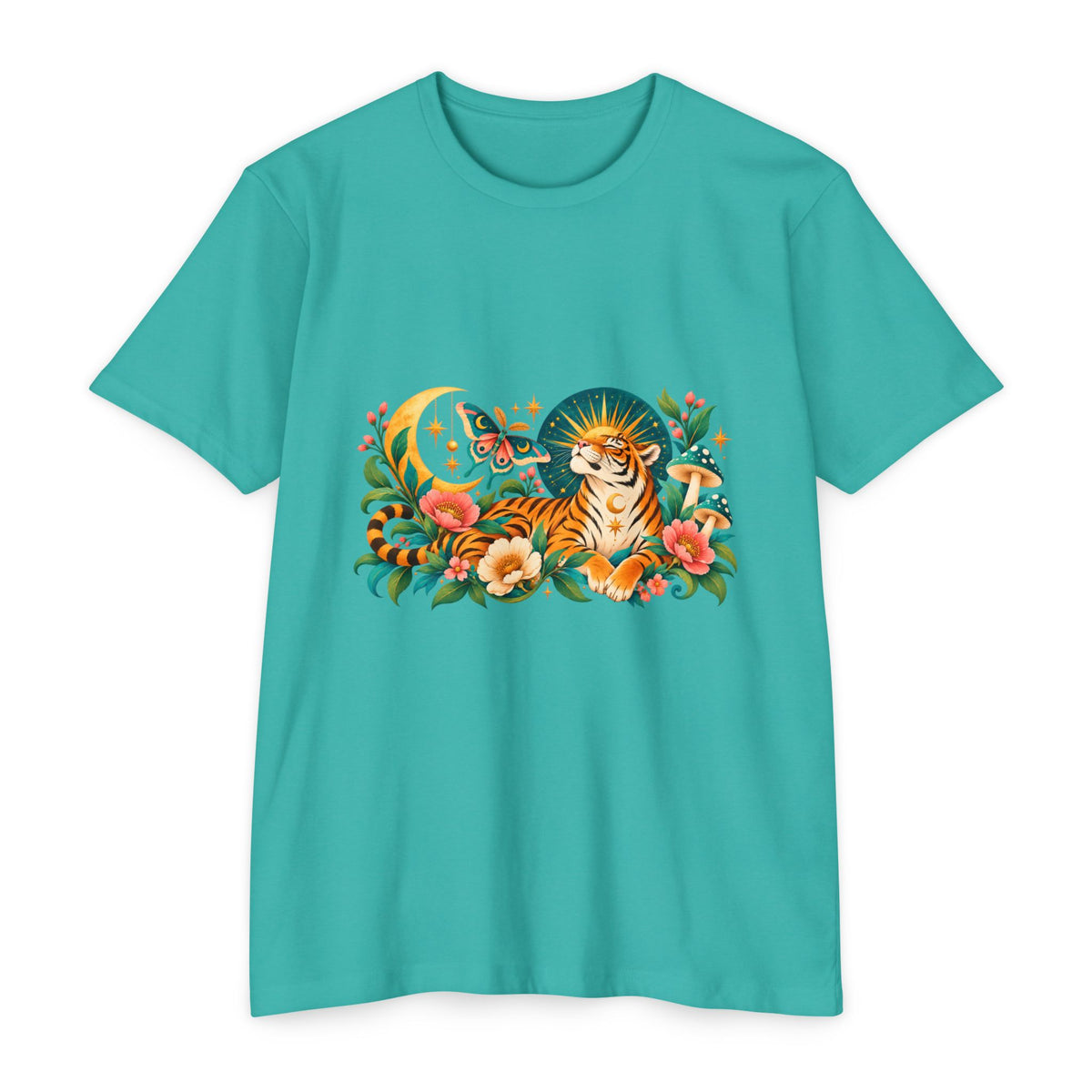 T-Shirt, Short Sleeve Boxy Crew Neck- Tiger Moon Celestial Floral