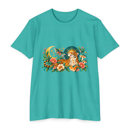 T-Shirt, Short Sleeve Boxy Crew Neck- Tiger Moon Celestial Floral