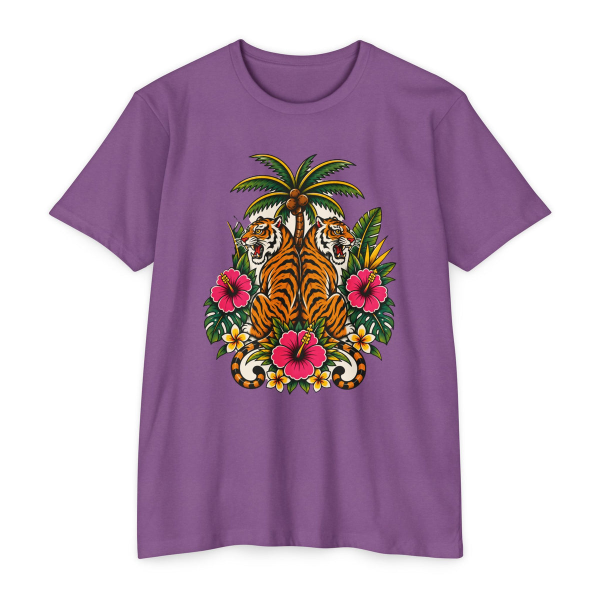 T-Shirt, Short Sleeve Boxy Crew Neck - Tiger Tiger Tropics Vintage Floral Palm