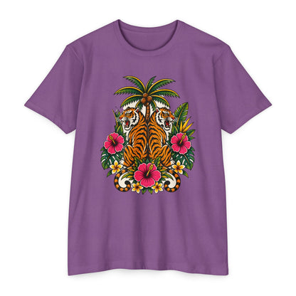 T-Shirt, Short Sleeve Boxy Crew Neck - Tiger Tiger Tropics Vintage Floral Palm