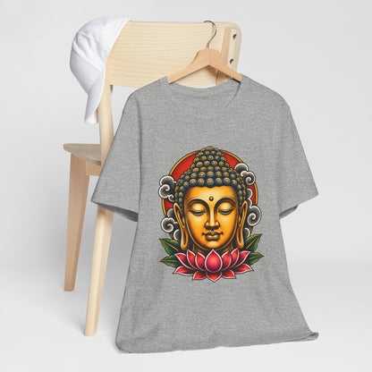 T‑Shirt, Short Sleeve Boxy Crew Neck - Golden Buddha Head with Lotus