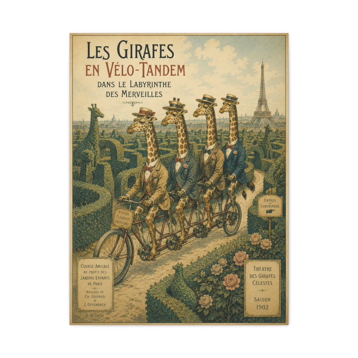 Canvass Art Print - Giraffes on Tandem Bicycles in a Maze