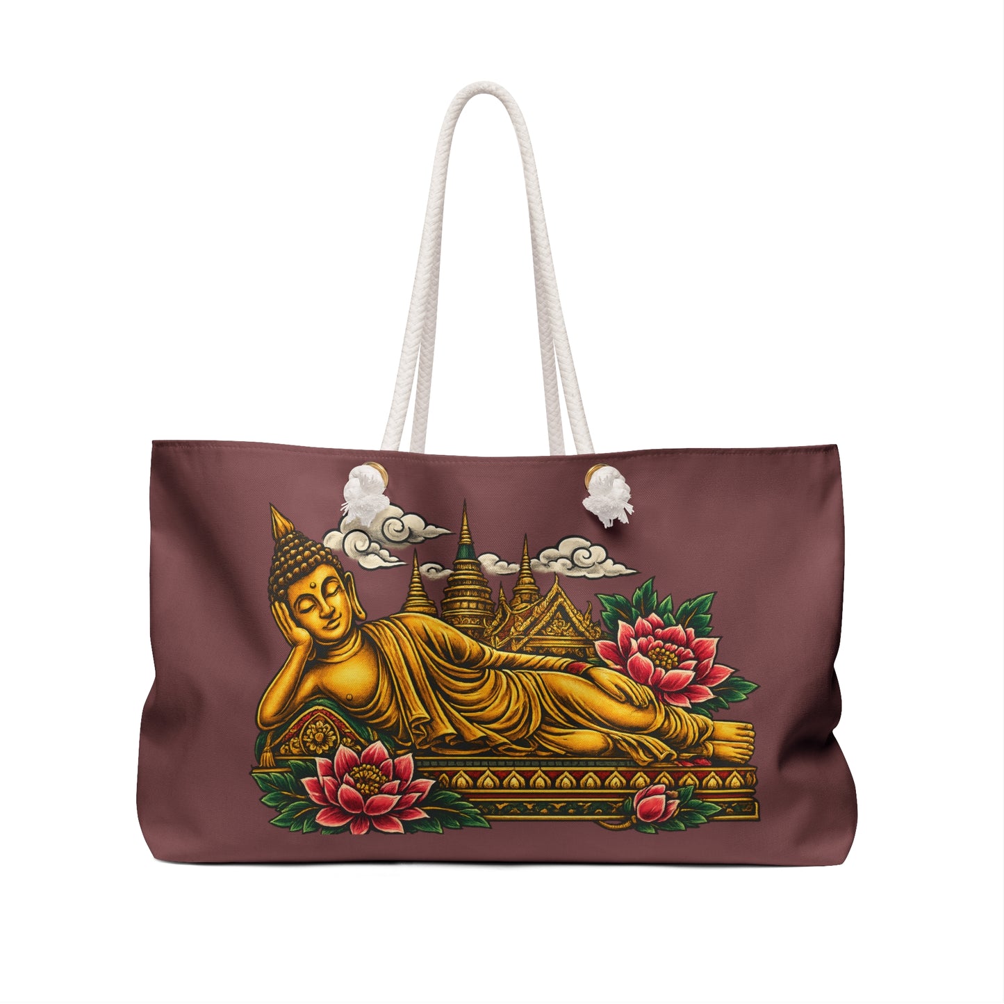 Reclining Buddha Weekender Bag — Golden Buddha Travel Tote with Lotus