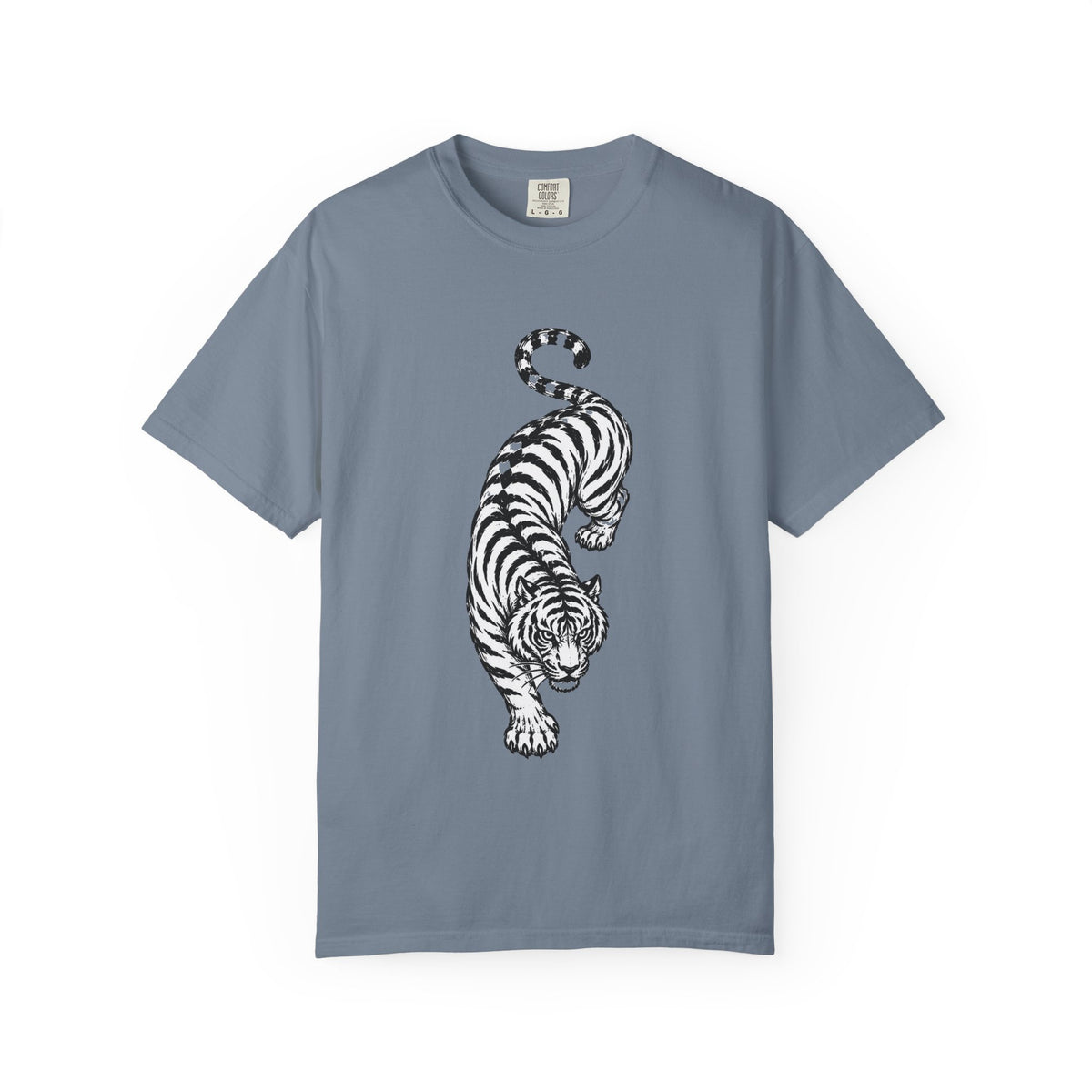 T-Shirt, Short Sleeve Boxy Crew Neck - Black & White Tiger