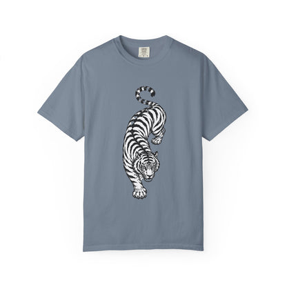 T-Shirt, Short Sleeve Boxy Crew Neck - Black & White Tiger