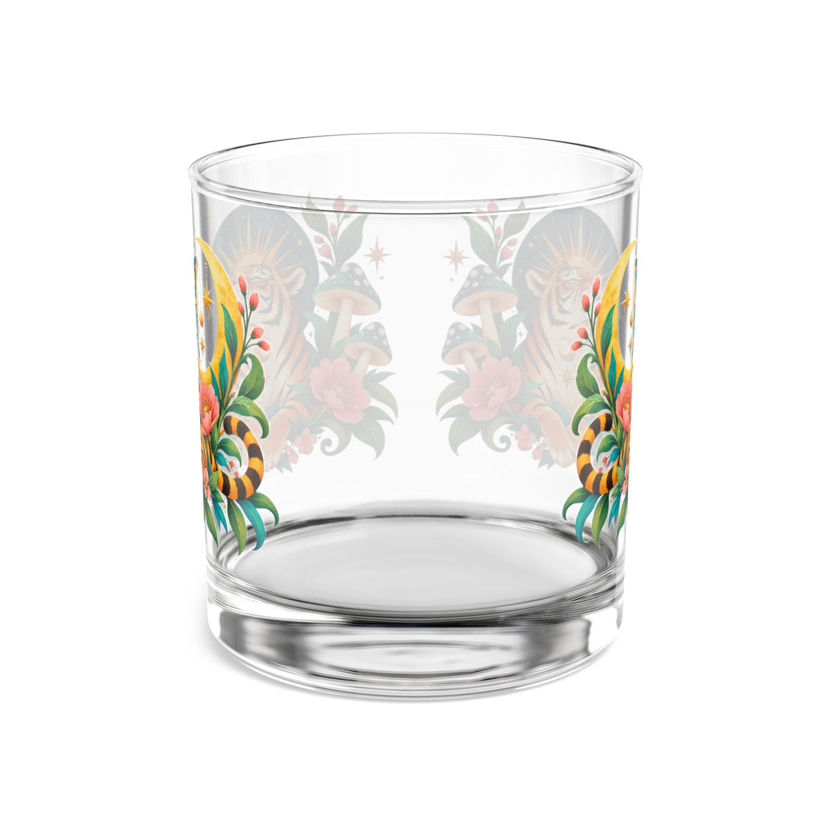 Glass, Rocks Glass Whiskey Tumbler 10oz - Tiger Moon Floral Celestial