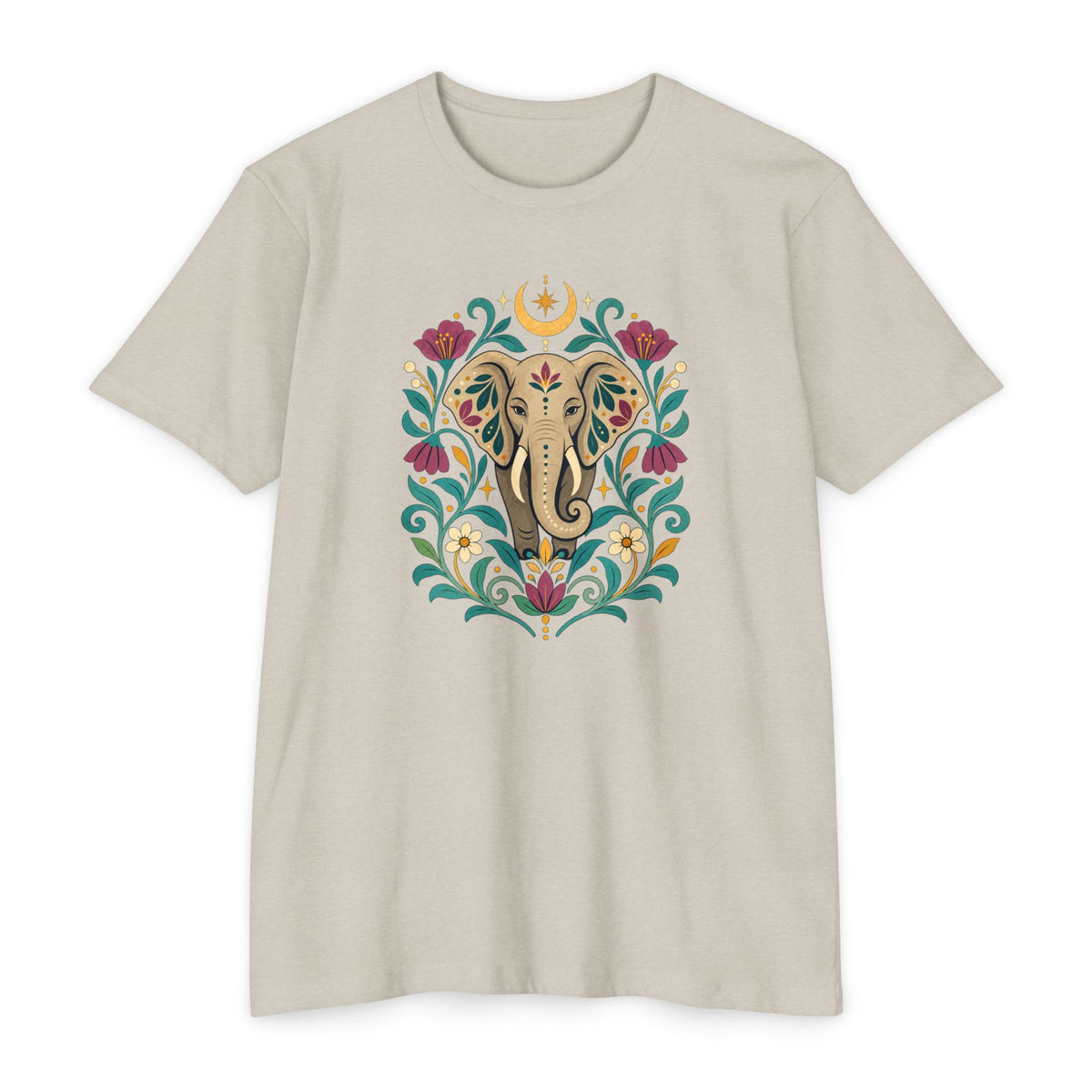 T-Shirt, Short Sleeve Boxy Crew Neck - Boho Indian-Inspired Elephant Floral