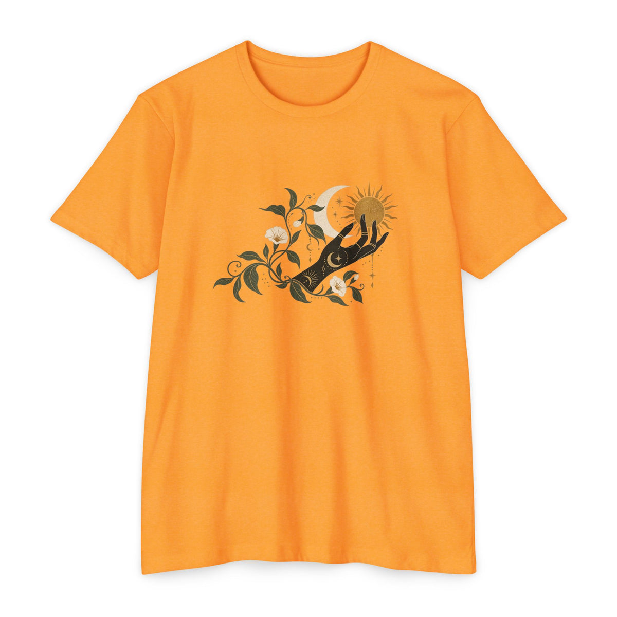 T-Shirt, Short Sleeve Boxy Crew Neck - Botanical Hand Reaching for the Sun