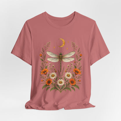 T-Shirt, Short Sleeve Boxy Crew Neck - Boho Dragonfly Moon