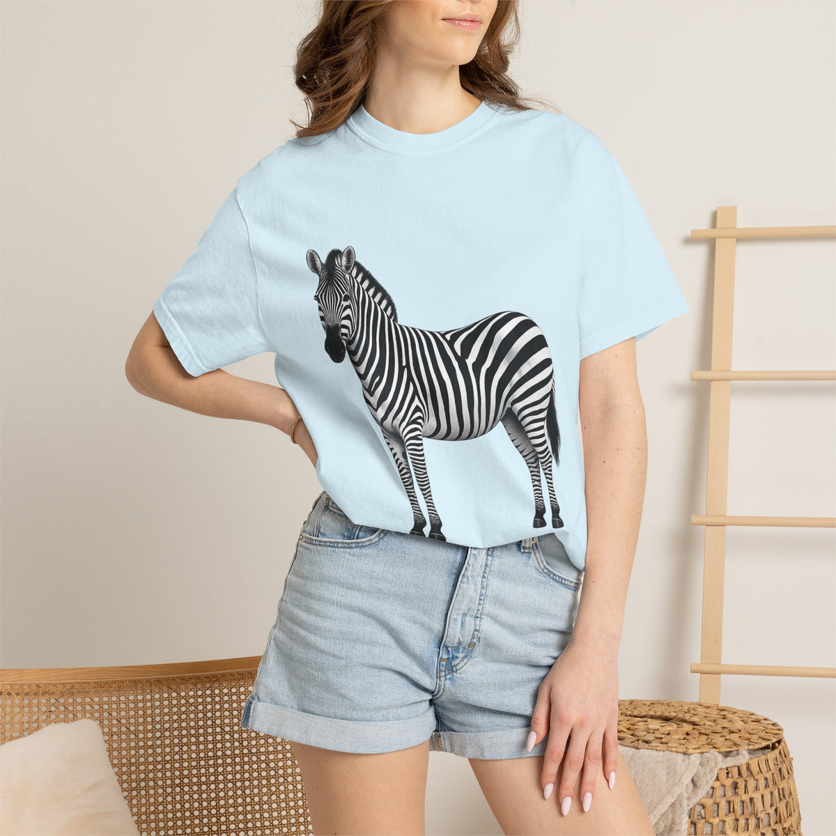 T-Shirt, Short Sleeve Boxy Crew Neck - Zebra Side View Standing