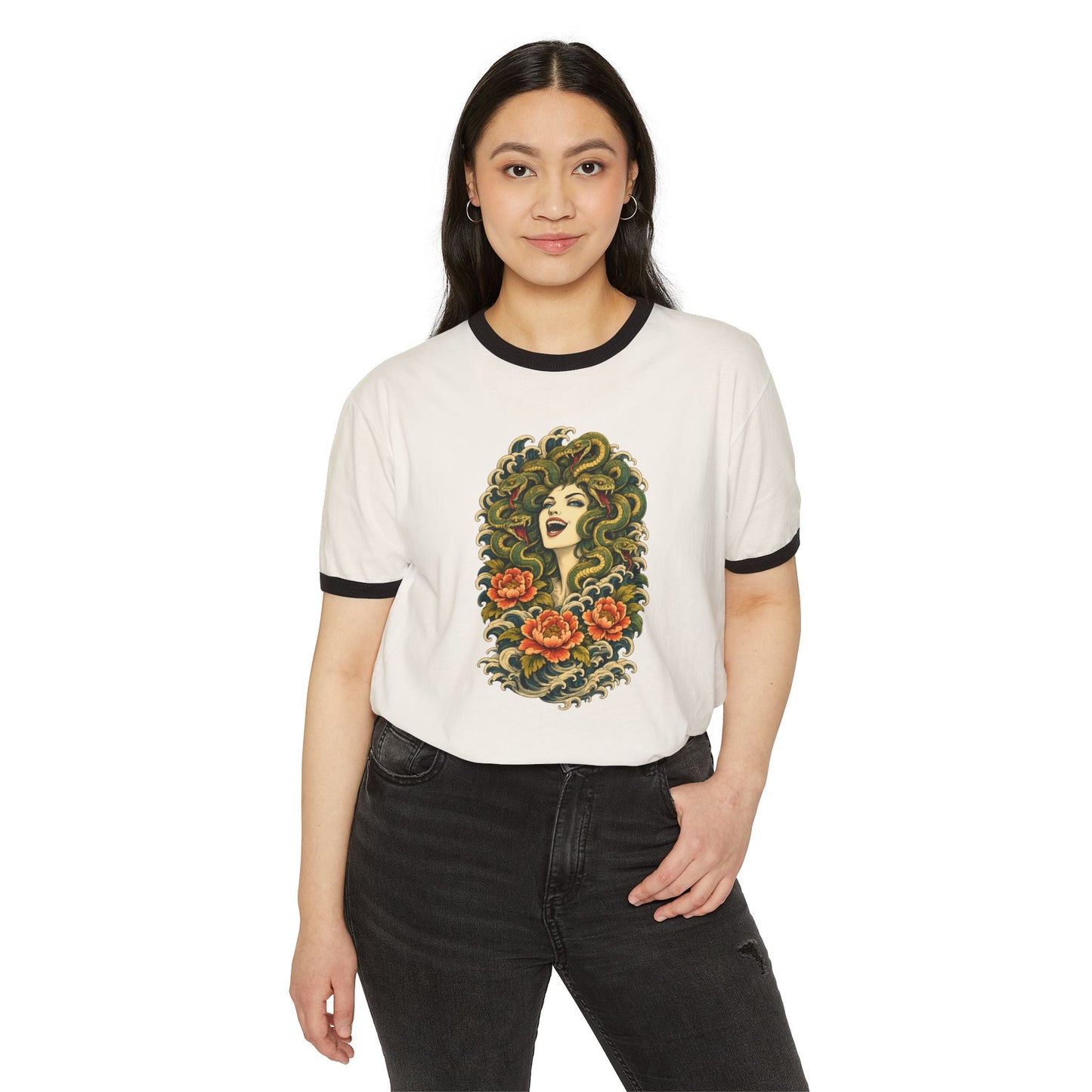 Medusa Having a Chuckle Ringer T-Shirt